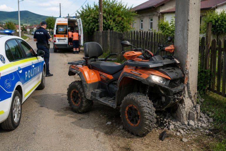 Șofer „pilit” bine: a urcat pe ATV, a încercat să-l conducă, însă a lovit un stâlp la Dăneștii Chioarului