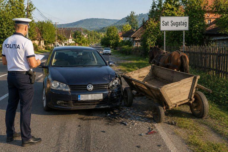 Accident neobișnuit în Sat Șugatag: autoturism și vehicul cu tracțiune animală implicate ieri, 14 august